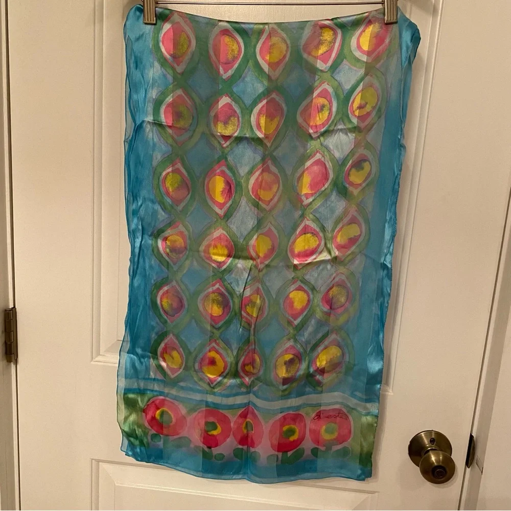 D’ESTE SCARF SILK ITALY BLUE PINK YELLOW GREEN FLORAL LONG RECTANGLE